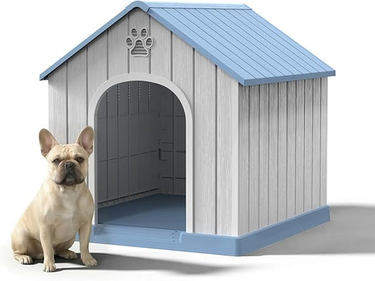 Small Dog House Indoor，Weatherproof Resin Outdoor Dog House with Elevated Floor and Air Vents, Medium Small Dog Kennel Outside (Light Blue, 26.26" L×24.57" W×25.83" H)