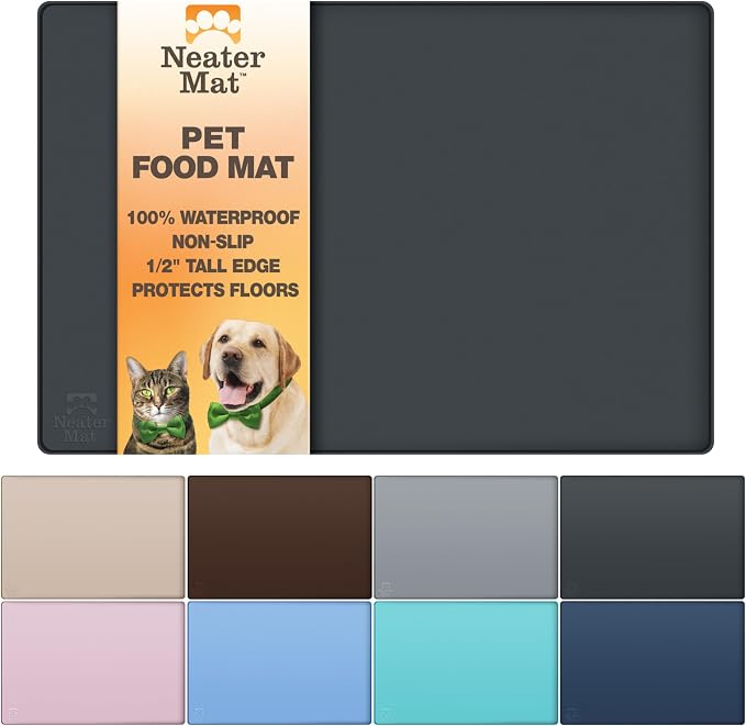 Neater Pet Brands Neater Mat Cat & Dog Food Mat, Waterproof & BPA-Free Silicone Placemat with Raised Edge for Under Food and Water Bowls, 16" x 10", Midnight Black by NeaterPetBrands