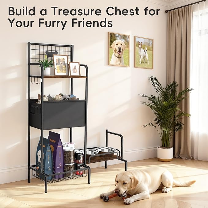 Dog Feeding Station Storage Organizer with Elevated Dog Bowl Stand | Adjustable Elevated Dog Bowl Stand, Large Toy Bin Basket, Lifted Food and Water Bowl Holder for Large Medium Small Breed - Image 7