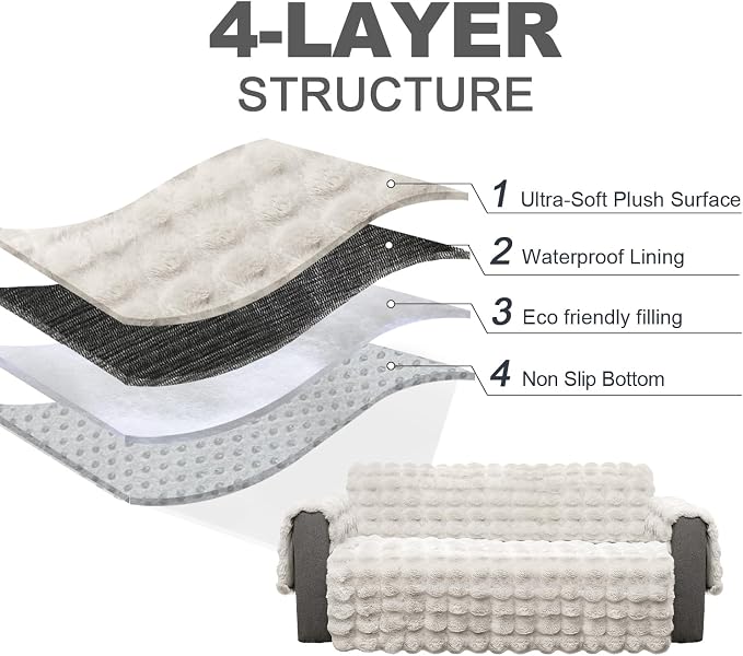 Plush and Fuzzy Shaggy Couch Cover, Dog Pad Faux Fur Sofa Cover, Water Resistant Slipcover, Non-Slip Furniture Protector for Kids,Dogs,Cats.(White-Bubble, X-Large Sofa) - Image 3
