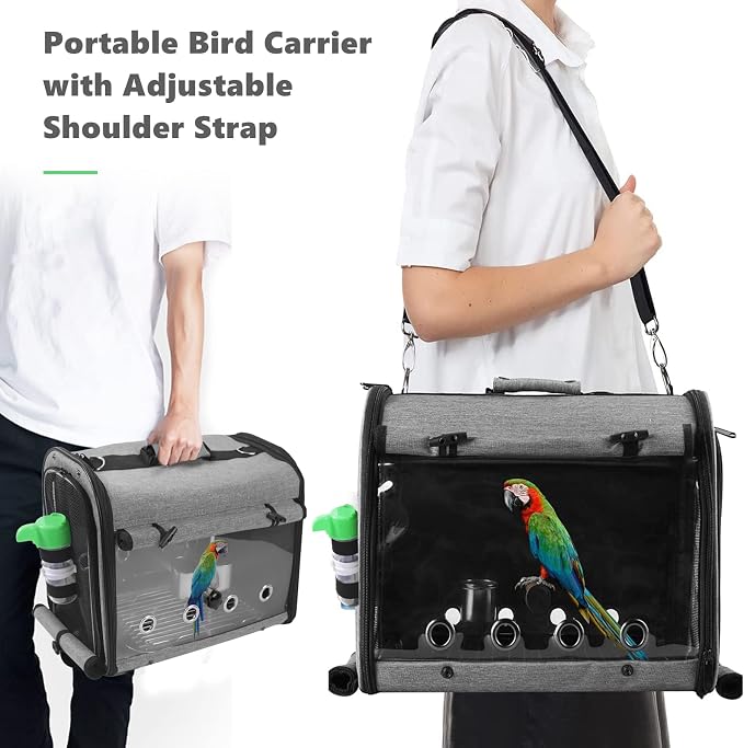 Bird Carrier Bag with Stand, Lightweight Backpack for Parrot, Portable Cockatiel Travel Cage with Accessories, Pet Transparent Breathable Carrier, Gray - Image 5