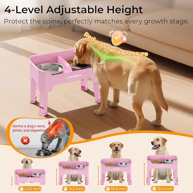 URPOWER Mess Proof Elevated Dog Bowls, Splash Guard Raised Bowl Stand | 4 Height Adjustable Raised Stand with 2 Stainless Steel Food Bowls & Licking Plate for Small, Medium & Large Dogs - Image 6
