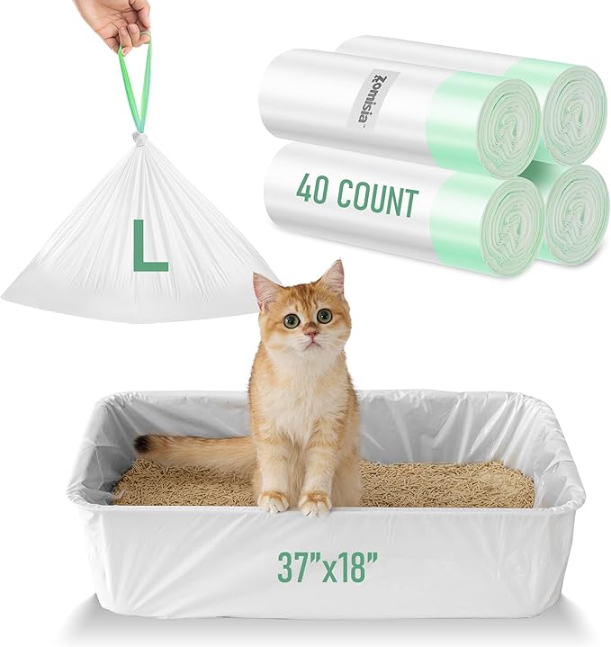 ZOMISIA Cat Litter Box Liners Large - 40 Count 37" x 18" Jumbo Litter Bags | Cat Litter Pan Liners with Drawstring, Extra Thick, Tear Resistant Heavy Duty, Easy Clean up for Litter Tray, Unscented by Zomisia