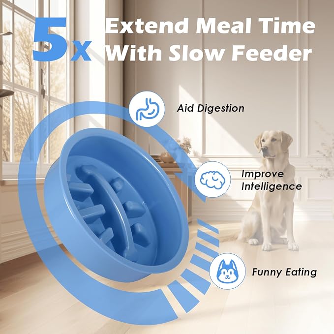 SHAINFUN Blue Raised Dog Bowl Stand with Two 1700ml Stainless Steel Food Bowl, a Slow Feeder and Spill Proof Mat, Adjustable Elevated Dog Bowls for Large Medium and Small Breeds - Image 4