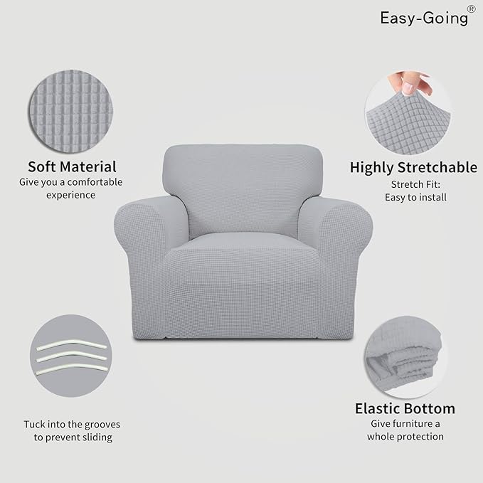 Easy-Going Stretch Chair Slipcover with Arm Washable Silver Gray | 1-Piece Couch Sofa Cover Furniture Protector for Living Room Soft with Bottom For Kids, Pet. Spandex Jacquard - Image 3