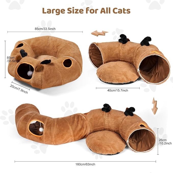 Cat Tunnel Bed with 20 Pcs Interactive Toys, 3-in-1 DIY Collapsible Plush Cat Tube with Washable Mat, Large Indoor Play Tunnel Cave for Kittens and Small Animals - Image 6