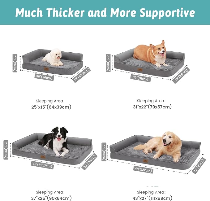 COZY KISS Orthopedic Dog Bed for Extra Large, XXL Dogs Bed, L Shaped Foam Anti-Slip Bottom Giant Pet Cat Sofa with Washable Cover, Suitable for Pet Up to 150 lbs, 48x32x7.5 inch, Grey - Image 3