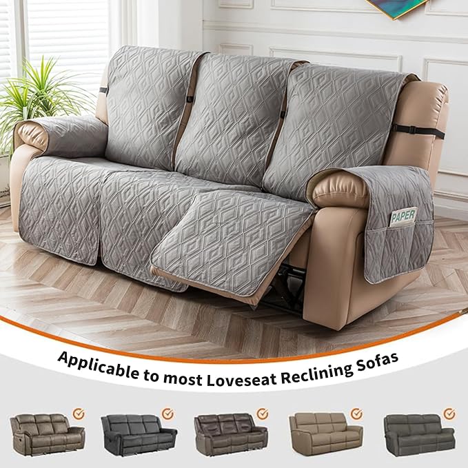 Genina Waterproof Couch Cover for Reclining Couch 3 Seater Non-Slip, Washable Recliner Sofa Covers for 3 Cushion Couch, Furniture Covers Couch Protector for Dogs Pets Kids (Light Gray, Recliner Sofa) - Image 4