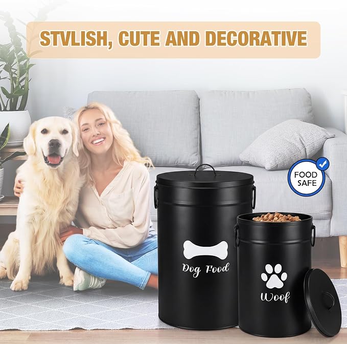 DoubleFill Extra Large 30+14 lb Metal Dog Food Storage Containers Set of 2 Black Airtight Dog Treat Snack Jars with Lids and Spoon Farm House Style Big Pet Cookie Storage Bin for Kitchen Counter Gift - Image 6