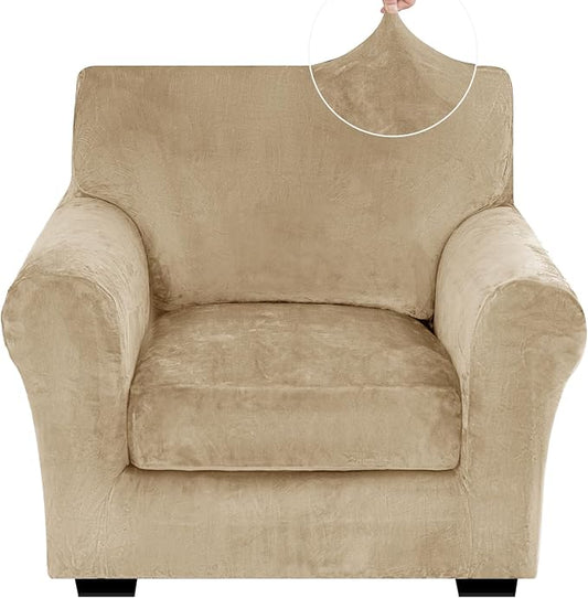 XINEAGE 2-Piece Velvet Armchair Sofa Cover, Couch Covers for Dog,Camel | 1 Cushion Chair,Stretch Non-slip Elastic, Pet-friendly, Washable, Fast Setup, Soft Plush Fabric, Furniture Protector. by XINEAGE