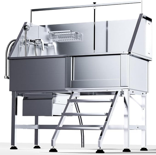 46" Dog Washing Station for Home,Stainless Steel Professional Dog Bathing Station Height Adjustable D og Grooming Tub Ramp, Drawer, Floor Grate & Fauct (Right Stair) by RUDCXDY