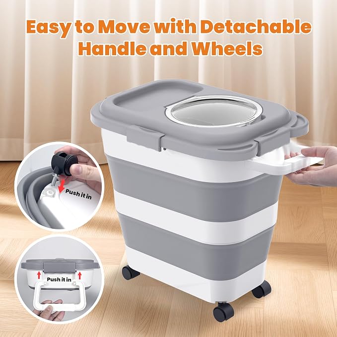 HOYTAMDAR 25-28lbs Dog Food Storage Container, Collapsible Dog Food Container, Wheels, Handle, Airtight Pet Food Storage Container, Scoop, Small Dry Container For Dog Cat Bird Food - Image 3