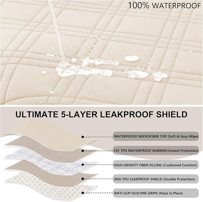 100% Waterproof Couch Cover for Dogs, Anti-Slip Washable Sofa Cover with Elastic Straps & Side Pockets, Durable Furniture Protector for Kids, Pets & Dogs (Armchair 23", Beige) - Image 2