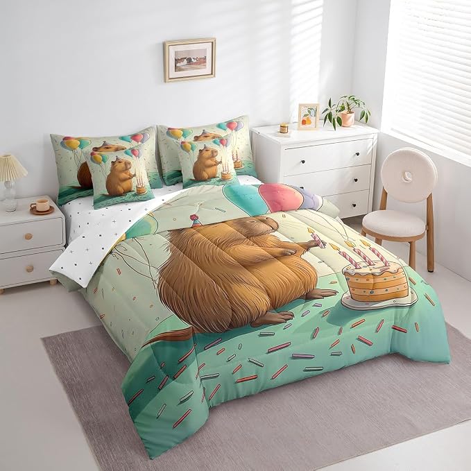 Erosebridal Cute Beaver King Size Comforter Set with Sheets, Wild Animal Bed in A Bag for Kids Teens Youth Adults Bedroom, Wildlife 7 Pcs Bedding Set, Happy Birthday Cake Candle Balloon Bed Sets - Image 2