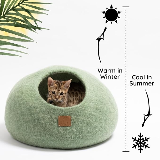 Extra Thick Felted Wool Cat Cave Bed Your Pet Will Love - Cozy and Warm Hideaway for Sleeping & Relaxing - Large and Small Pets - 100% Organic, Durable, Long-Lasting Comfort (Eucalyptus Green, Small) - Image 5