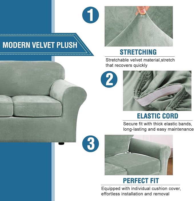H.VERSAILTEX High Stretch Sofa Slipcover 4 Piece Cover Velvet Furniture Protector Form Fit Thick Velvet Extra Large Sofa Cover for 3 Cushion Couch Width Up to 97 Inch (Large Sofa, Sea Grass) - Image 3