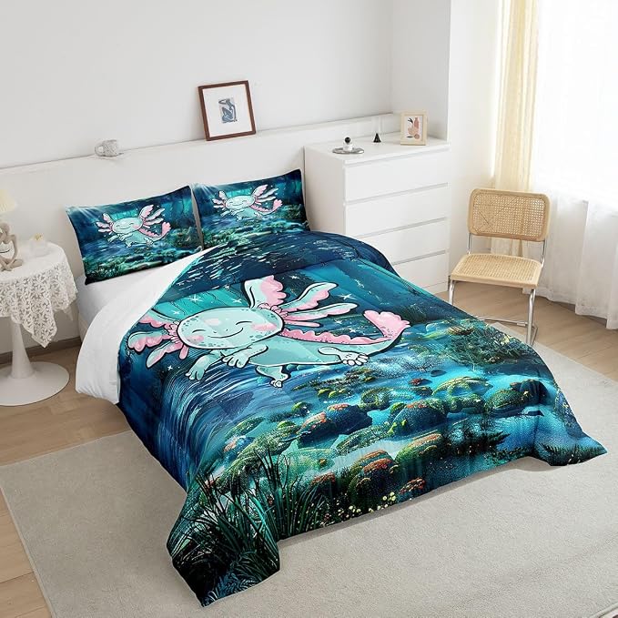 Manfei Kawaii Axolotl King Size Comforter,Cute Marine Life Ocean Animal Teal Blue Ultra Soft Bed Collection,Undersea World Coral Seaweed Bedding for Room Decor 3 Pcs,Microfiber Breathable - Image 4