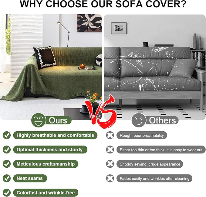 ROOMLIFE Green Couch Cover Sofa Covers, Chenille Couches Covers for 3 Cushion Sofas, Non Slip Soft Breathable Sofa Slipcovers for Pet, Washable Furniture Protector with Tassel,71''X134” - Image 5