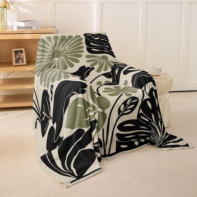 Erosebridal Black Sage Green Flower Couch Cover Abstract Floral Sofa Cover 71" X 91" Vintage Aesthetic Minimalist Sofa Protector for Pet Cats Kids Groovy 70S Modern Washable Couch Protector, Non Slip by Erosebridal