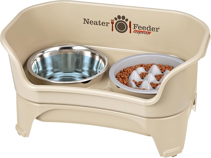 Neater Feeder Express Mess Proof Dog Bowls Elevated for Medium and Large Breed – Made in USA – No Spill Raised Slow Feeder Elevated Dog Bowl Stand, Slow Feed Food and Water Bowl Set, Almond by NeaterPets