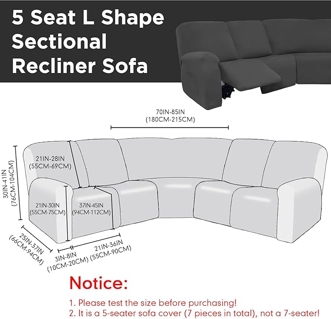 Peryiter 7 Pcs L Shape Sectional Recliner Sofa Covers 5 Seat Sectional Couch Covers Milk Silk Velvet Stretch Reclining Sofa Slipcover Furniture Protector for Living Room(Dark Gray,Milk Silk) - Image 3