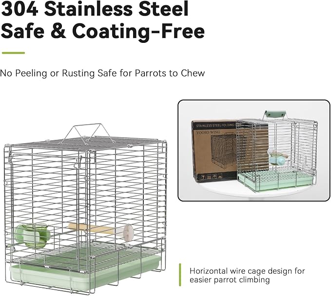 Bird Carrier Travel Cage - 304 Stainless Steel Portable Folding Bird Travel Cage with Parrot Feeder Cups & Standing Perch for Smaller Birds Conures Lovebird Cockatiel Parakeets (Green) - Image 3