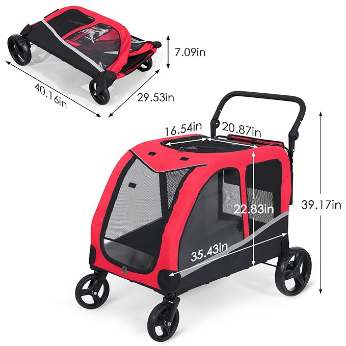 Stroller for Large Dogs, Extra Large Pet Stroller for Medium 2 Dogs, Dog Wagon, Dog Carriage, Foldable Design, Adjustable Handle, with Pocket, Up to 160 lbs, Red
