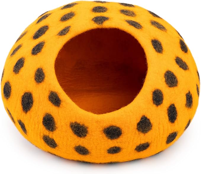 Woolygon Premium Felt Cat Cave Bed – Wool Kitty Beds Handcrafted Kitten Caves Bed for Indoor Cats - Made from Merino Wool, Foldable Cat Hideaway Covered Cat House Pod (Orange Polka) - Image 7