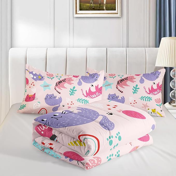 QOOMO Kawaii Cats Comforter Queen Size,Pink Cats Kids Bedding Set,3Pcs Bedding Set Printed Comforter with 2 Pillowcases,Down Alternative,Soft and Lightweight,for All Seasons - Image 4