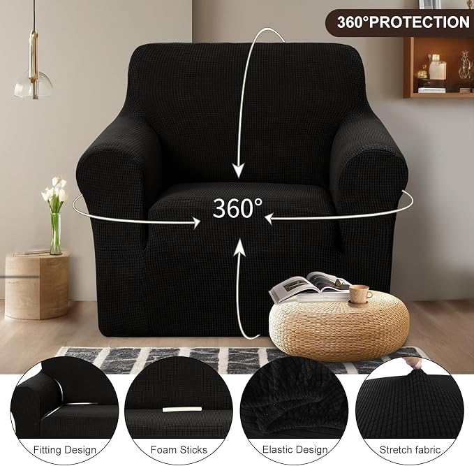 U-NICE HOME Stretch Recliner Chair Cover Armchair Slipcover, Black | Furniture Protector, 1-Piece Chair cover, Washable, Pet friendly, Polyester Spandex Jacquard fabric - Image 3