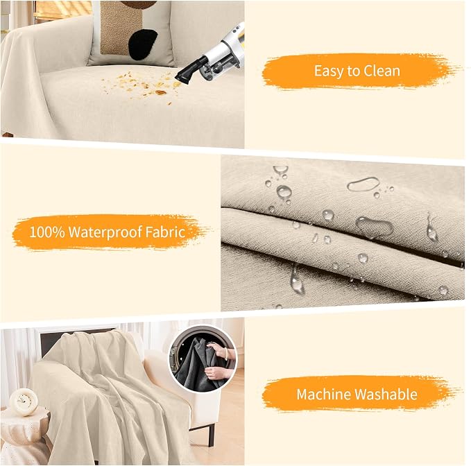 Deep Dream Cat-Scratch Resistant Couch Cover, Waterproof Sofa Cover for 2 Cushion Couch Washable, Pet Friendly Couch Protectors Anti Slip Thickened Slipcovers for Dogs Pets, 71" x 102", Beige - Image 4