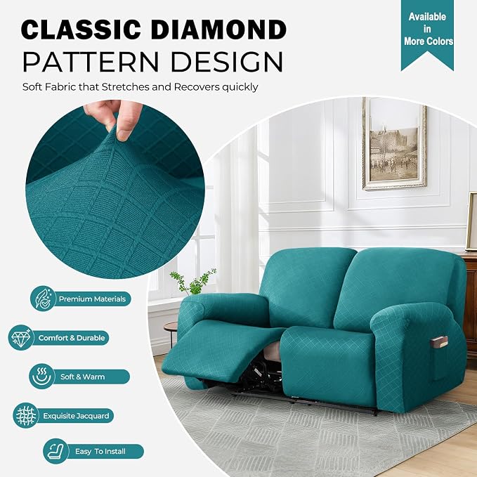 vctops Diamond Recliner Loveseat Slipcover 6-Pieces Stretch Dual Recliner Sofa Covers for 2 Seat Dual Reclining Loveseat Couch Soft Solid Furniture Protector (Teal,2 Seat) - Image 3