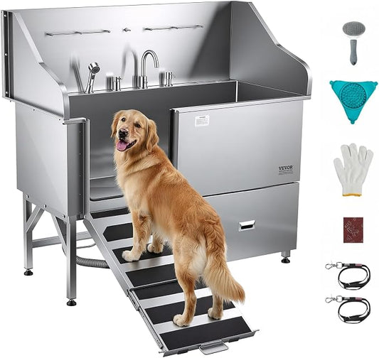 VEVOR Professional 304 Stainless Steel Dog Bathing Station, 61 inch Pet Grooming Tub w/Anti-Slip ramp, Storage Drawer, Cold Hot Faucet Showerhead, for Large & Medium & Small (Left Door, with Drawer) by VEVOR