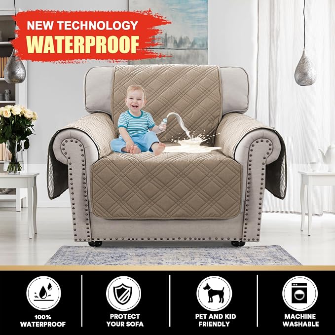 PrinceDeco 100% Waterproof Chair Sofa Slipcover for Living Room Water Resistant Couch Cover Furniture Protector Cover with Elastic Straps for Pets Kids Children Dog Cat(Chair 23", Taupe) - Image 2