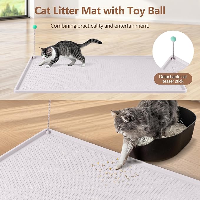 Silicone Cat Litter Box Mat 34'' x 22'' Cat Mat with Toy, White | Extra Large Litter Mat with lip, Non-Slip Waterproof Cat Litter Mat Litter Trapping Mat for Floor, Easy to Clean - Image 4