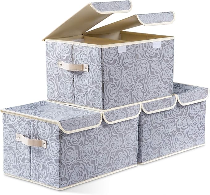 PRANDOM Large Foldable Storage Bins with Lids Fabric Decorative Storage Box Cubes Organizer Containers Baskets with Cover Handles Removable Divider for Home Bedroom Closet 17.3x11.8x9.8 Inch 3 Pack by Prandom