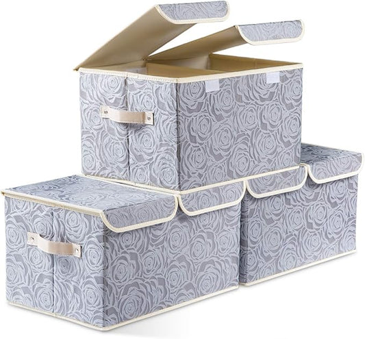 PRANDOM Large Foldable Storage Bins with Lids Fabric Decorative Storage Box Cubes Organizer Containers Baskets with Cover Handles Removable Divider for Home Bedroom Closet 17.3x11.8x9.8 Inch 3 Pack by Prandom