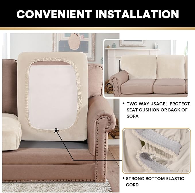PrinceDeco Stretch Velvet Couch Cushion Covers for Individual Cushions Sofa Cushion Covers Seat Cushion Cover, Sofa Covers Washable, Cushion Sofa Covers for Sectional Couch - Ivory - Image 5