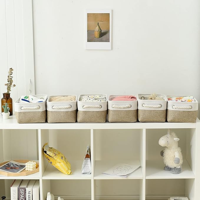 TcaFmac Storage Bins for Shelves - Small 6 Pack Collapsible Storage Basket for Organizing, Fabric Storage Cubes with Handle for Closet Cloth Toy Gift Kids (White & Khaki 11.8x7.8x5.2 inch) - Image 4
