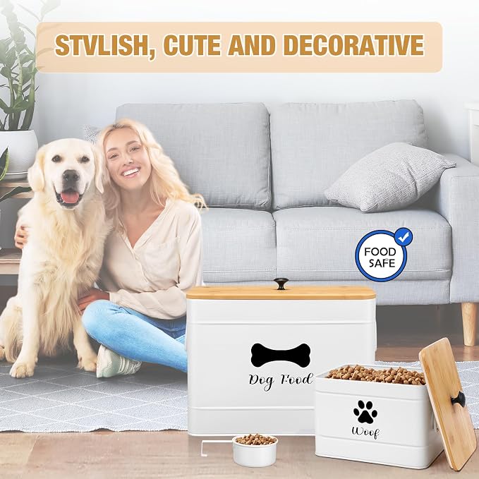 Newtay 2Pcs Extra Large Metal Dog Food Containers Airtight 12 & 3.5 Lbs Dog Treat Snack Jars Set of 2 with Bamboo Lids and Spoons Farmhouse Big Pet Cookie Storage Jars for Kitchen Counter Gift (White) - Image 6