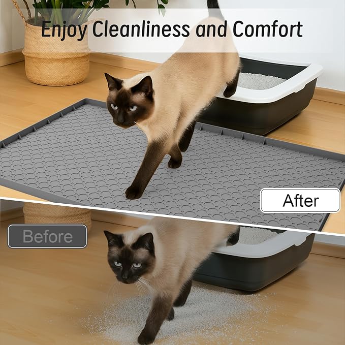 Silicone Large Cat Litter Mat 34" X 22", Cat Mat for Litter Box, Cats Litter Trapping Mats with Raised Edges, Non-Slip and Urine Waterproof Surface, Gray - Image 4