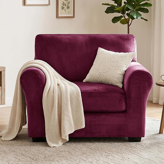 XINEAGE 2-Piece Velvet Armchair Sofa Cover, Couch Covers for Dog,Wine Red | 1 Cushion Chair,Stretch Non-slip Elastic, Pet-friendly, Washable, Fast Setup, Soft Plush Fabric, Furniture Protector. - Image 4