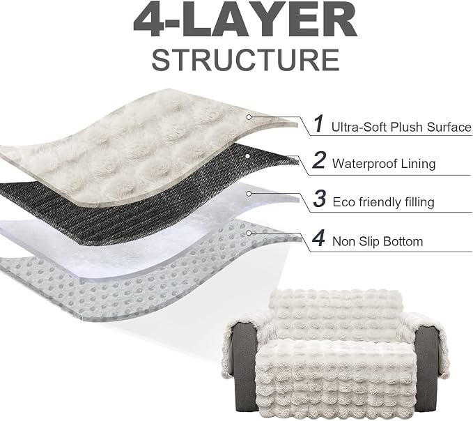 Plush and Fuzzy Shaggy Couch Cover, Dog Pad Faux Fur Sofa Cover, Water Resistant Slipcover, Non-Slip Furniture Protector for Kids,Dogs,Cats.(White-Bubble, Large Recliner) - Image 3