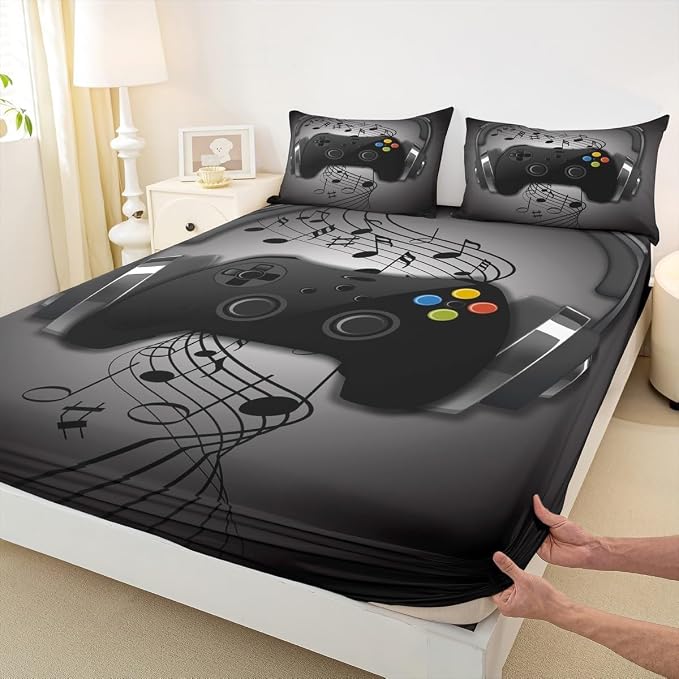 Gamer Sheet Set Black Grey Headphones Musical Notes Design Gaming Bed Sheet Sets for Kids Boys Video Game Room Decor Retro Playing Gamepad Fitted Sheet,Gaming Controller Flat Sheet - 4 Pcs King Size - Image 8