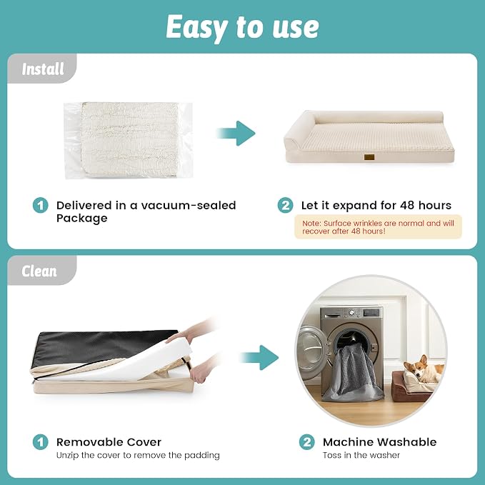 COZY KISS Orthopedic Dog Bed for Large Medium Size Dog, Dogs Crate Bed, L Shaped Foam Anti-Slip Bottom Pet Cat Sofa with Washable Removable Cover, Suitable for Pet Up to 75 lbs, 36x27x6.5 inch, Beige - Image 5