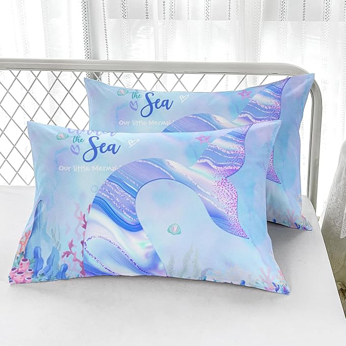 Nttopship Mermaid Princess Comforter Sets King Size for Boys Girls Bedding Set Sea Beach Ocean Blue Bedroom 1 Comforter with 2 Pillowcases - Image 5