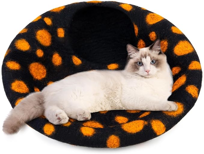 Woolygon Premium Felt Cat Cave Bed – Wool Kitty Beds Handcrafted Kitten Caves Bed for Indoor Cats - Made from Merino Wool, Foldable Cat Hideaway Covered Cat House Pod (Black Polka) - Image 2