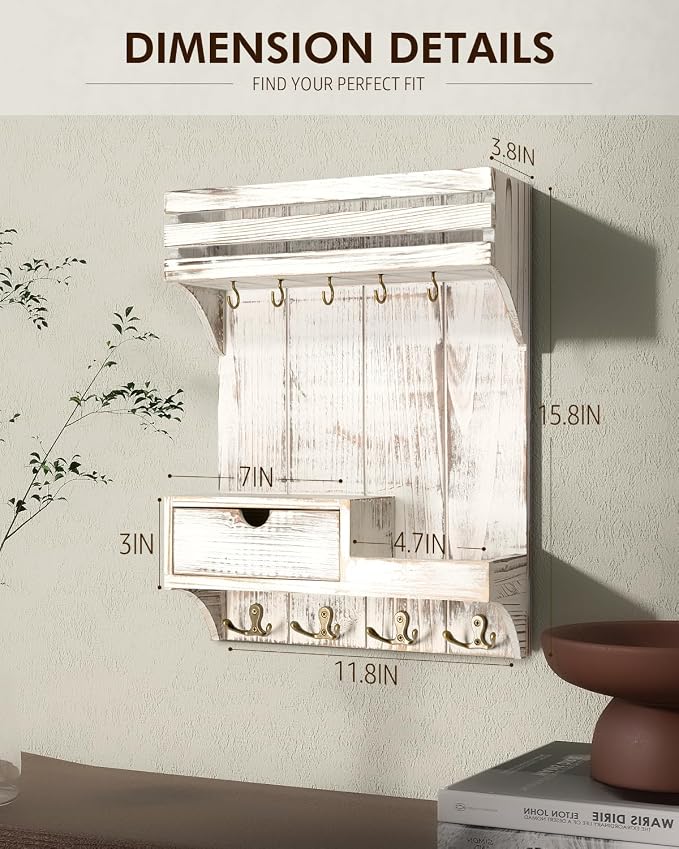 Rebee Vision Key Holder Wall Mount with Drawer for Home Decor, Whitewash | Sturdy Wood, Key Holder for Wall, 6 Rustic Hooks, Floating Shelf, Drawer Organizer, Mail Organizer, Chic Home Decor, Storage - Image 6