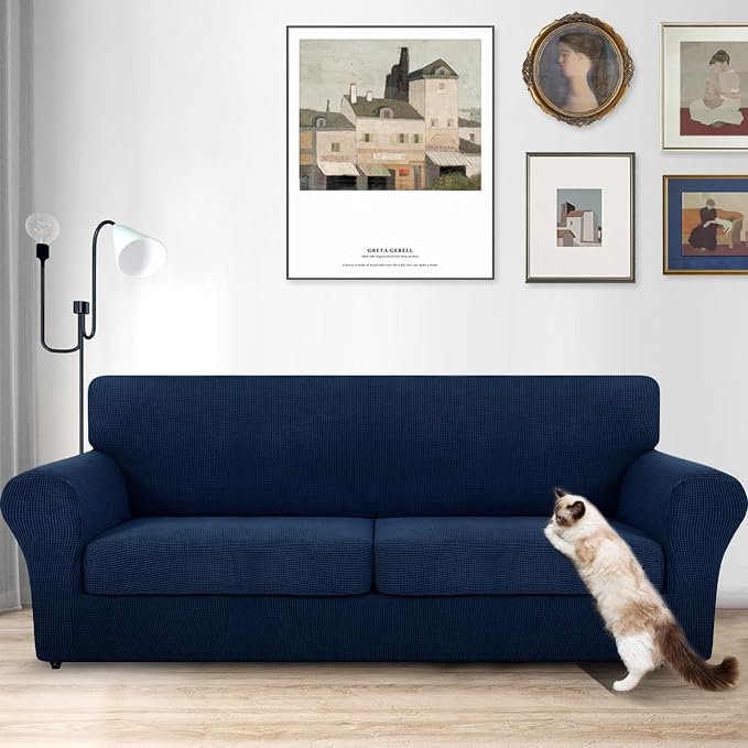 MAXIJIN 3 Piece Couch Covers for 2 Cushion Couch Super Stretch loveseat Sofa Cover for Dogs Pet Proof Furniture Protector Non Slip Magic Couch Slipcover Washable (71"-91", Navy Blue) - Image 2