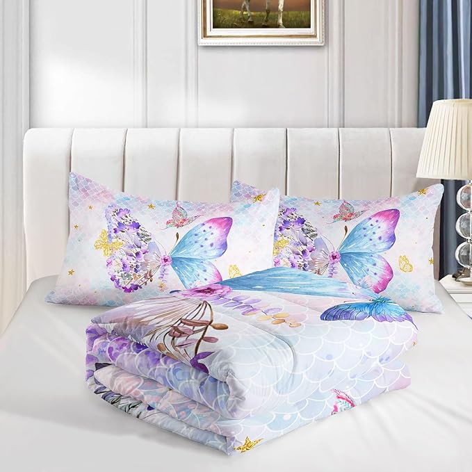 Cartoon Butterfly Comforter Set - Watercolor Printed Bedding With 1 Comforter and 2 Pillowcases for Boys and Girls Bedroom - All Season (Twin) - Image 4